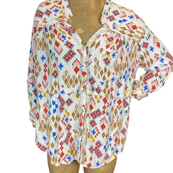 Blue B Button-Up Blouse Geometric Western Ikat Sz M #237K - Picture 2 of 9